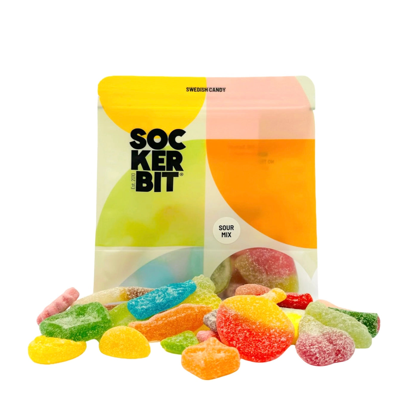 Resealable pouch of sour gummy candy variety mix, featuring an assortment of tangy candies. Perfect for candy lovers to enjoy at home, work, beach, dinner parties, or movie nights. Imported from Scandinavia, made with non-GMO ingredients, and free from high fructose corn syrup and trans fats. Freshly packed by Sockerbit Los Angeles.